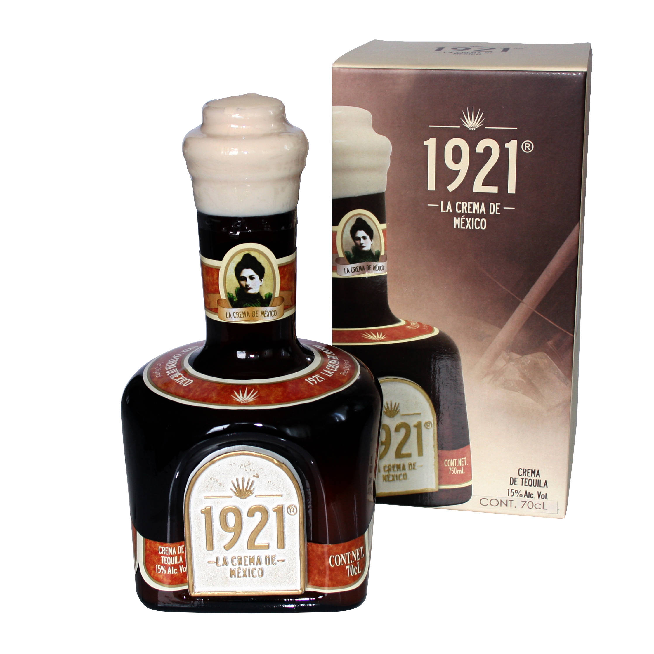drinks 桌布 壁紙 — 一個深色玻璃瓶的1921 La Crema de Mexico龍舌蘭酒，帶有奶油色瓶蓋和配套盒子，背景為白色。