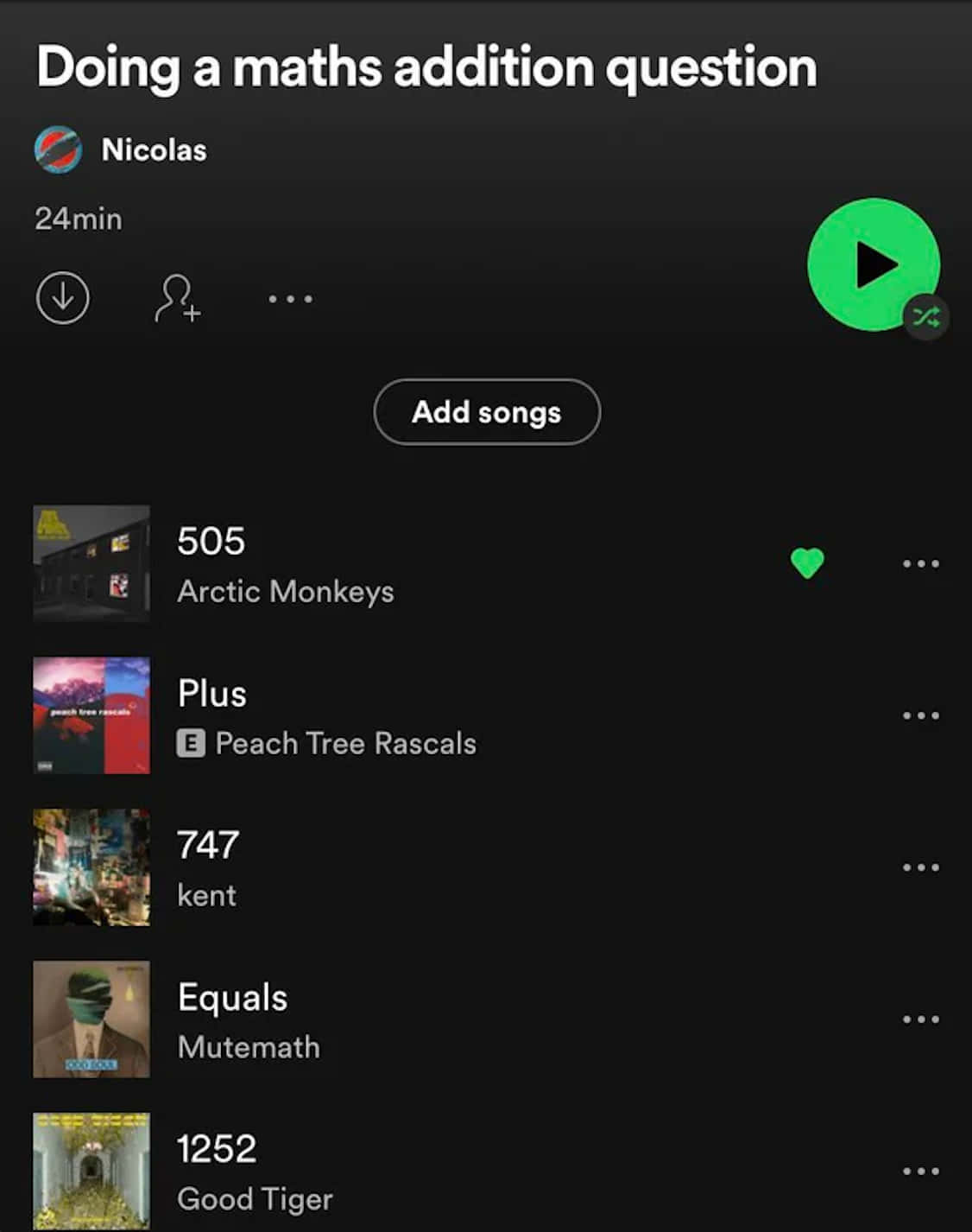 Screenshot 桌布 壁紙 — 一個深色的 Spotify 播放清單畫面，顯示數學主題的歌曲名稱，例如 505 747 和 Equals，附有專輯封面和綠色播放按鈕。