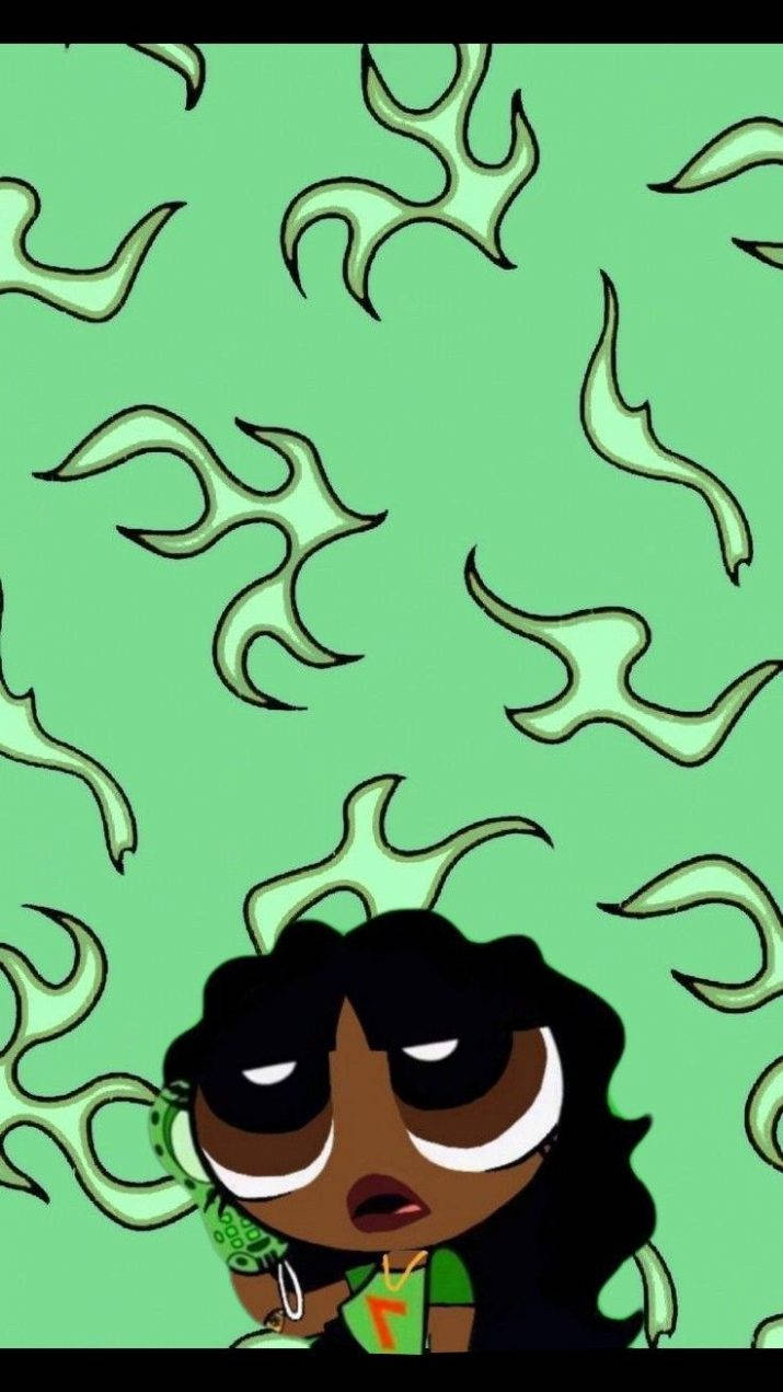 Black Girl Cartoon 桌布 壁紙 — 一個深色皮膚、捲髮的卡通女孩，在充滿火焰圖案的淺綠色背景前拿著一部綠色電話。
