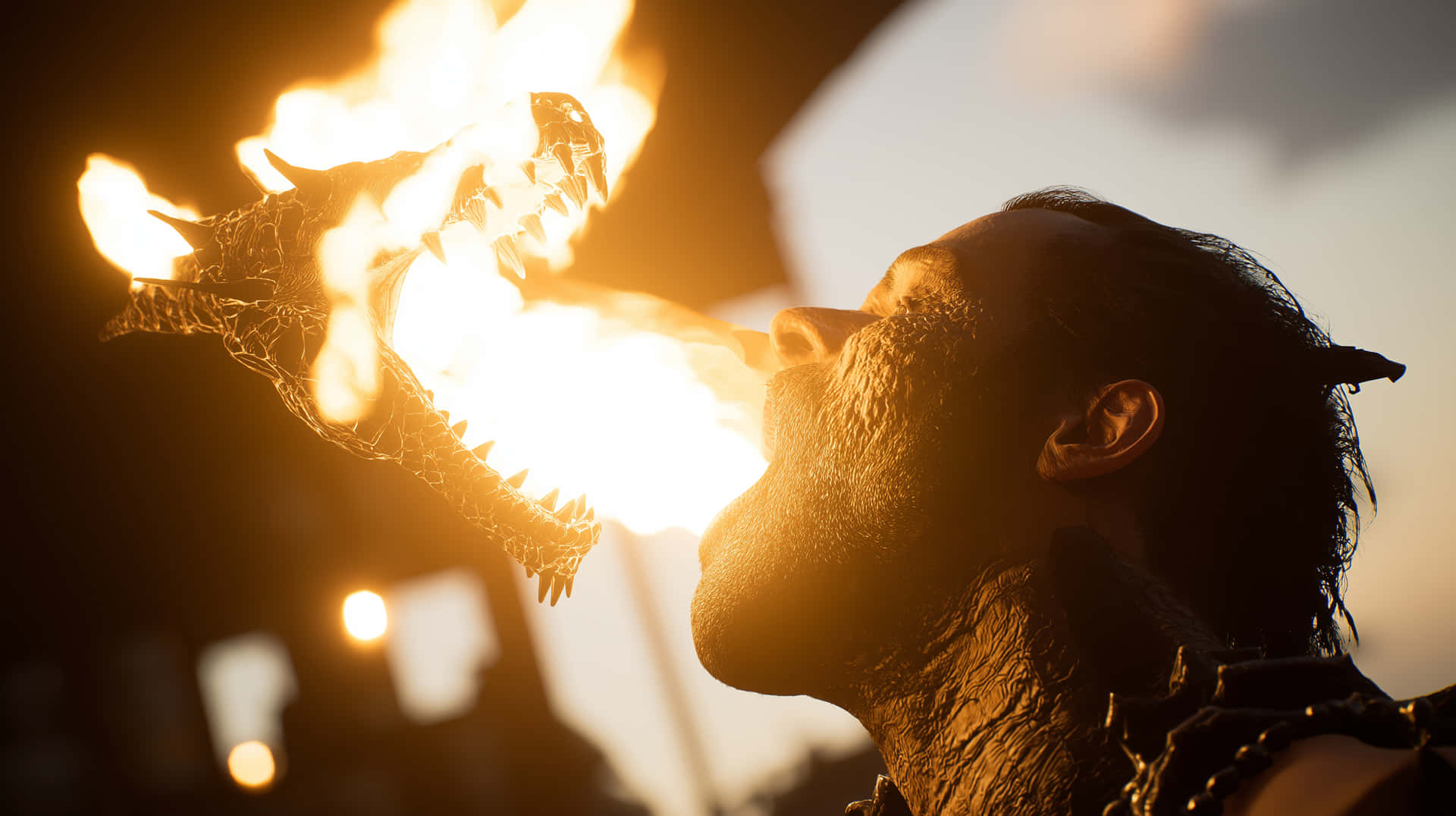 Person Breathing Fire from Dragon Prop, Fiery Performance 壁紙 — 一個深色皮膚、濕頭髮的人，對著金色夕陽天空從口中呼出一條咆哮的火龍。
