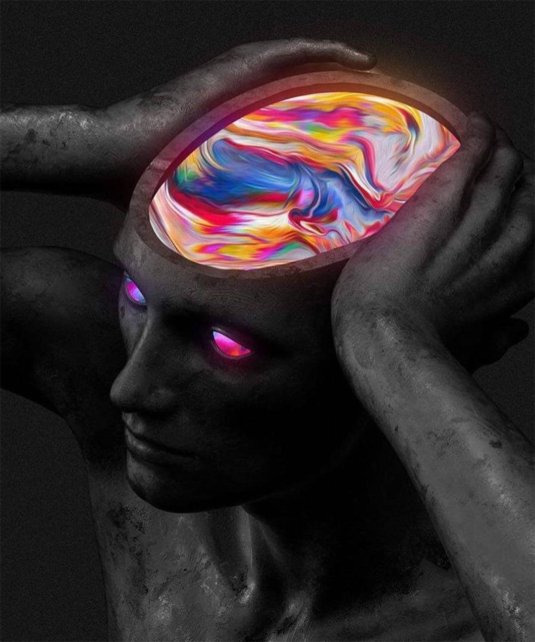 3D 桌布 壁紙 — 一個深色皮膚的人物打開他們的頭骨，露出一個旋轉的彩虹大腦，帶有發光的粉紅色眼睛。