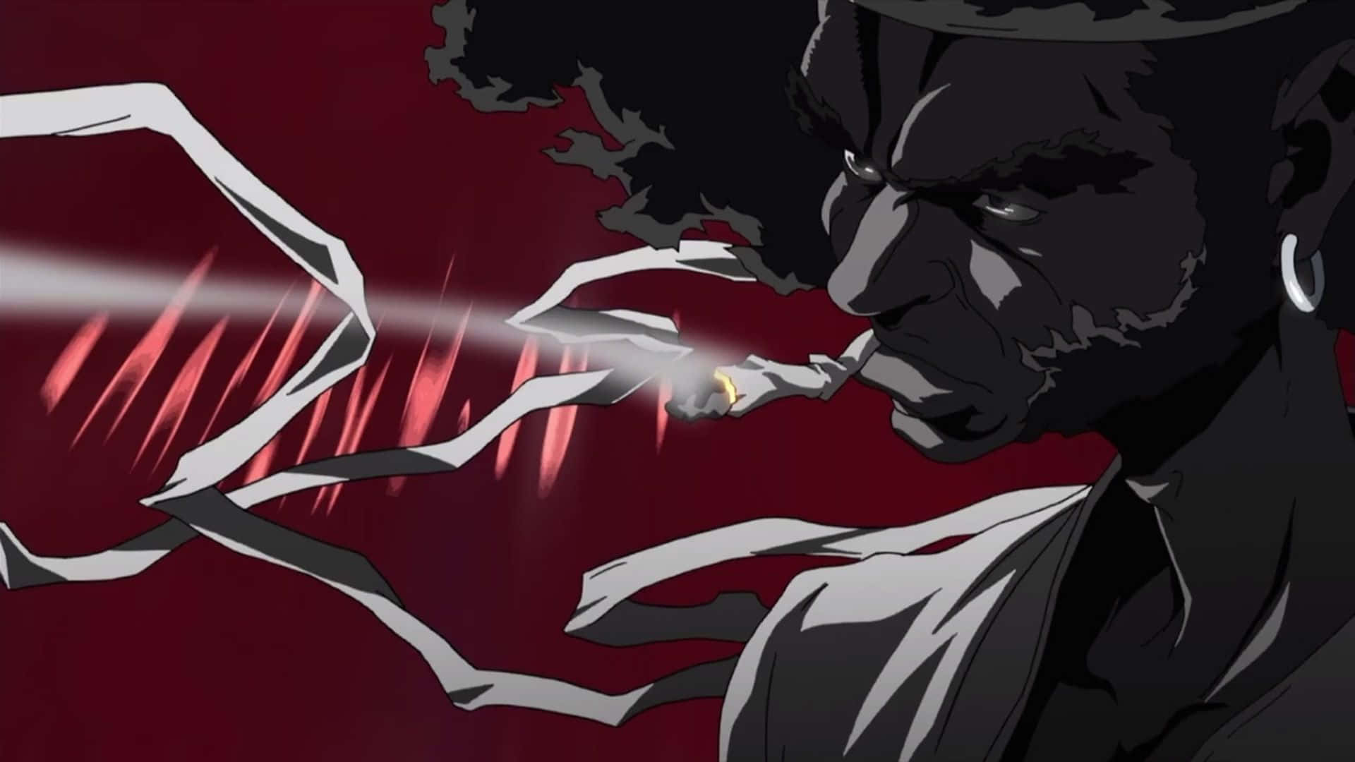 Afro Samurai 桌布 壁紙 — 一個深色皮膚的動漫男子，表情嚴肅，在深紅色背景上呼出煙霧，伴隨動態白色條紋。