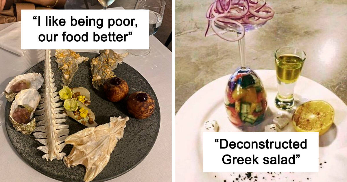 meme 桌布 壁紙 — 一個深色盤子盛放著生蠔和精心擺盤的食物，旁邊放著一杯色彩繽紛的解構希臘沙拉和一小杯橄欖油。