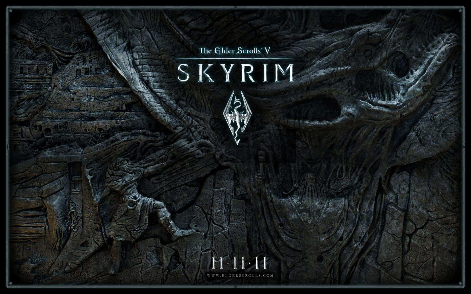 The Elder Scrolls V Skyrim 桌布 壁紙 — 一個深色石浮雕描繪一名戰士在陰暗奇幻場景中與巨龍搏鬥。