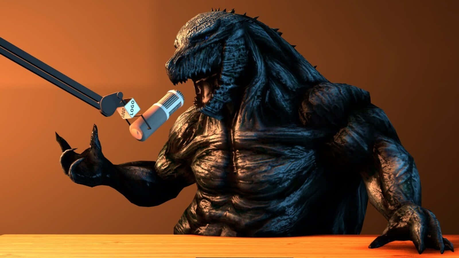 Godzilla Earth 桌布 壁紙 — 一個深色紋理的哥吉拉公仔坐在書桌前，對著麥克風說話，背景是溫暖的橙色。