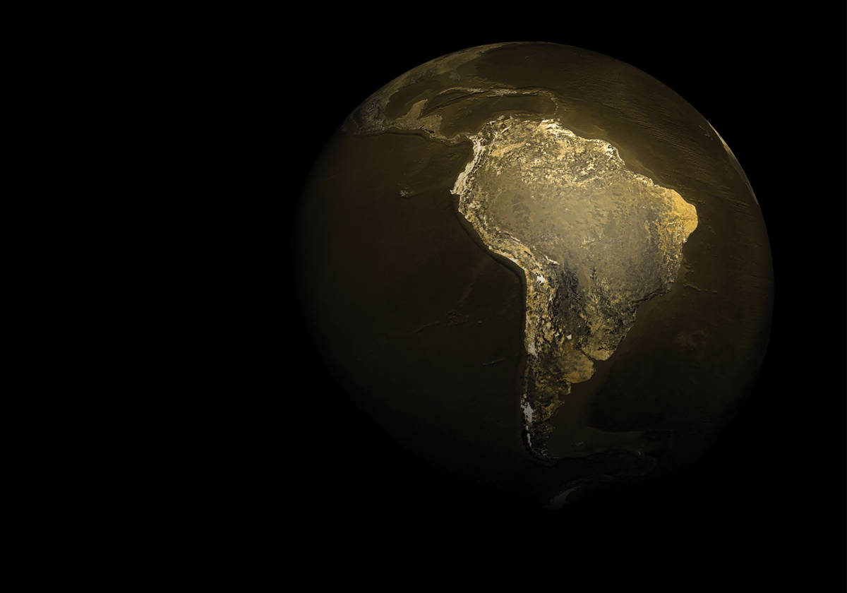 South America 桌布 壁紙 — 一個深色紋理的地球儀，南美洲在黑色虛空中閃耀著金色光芒。