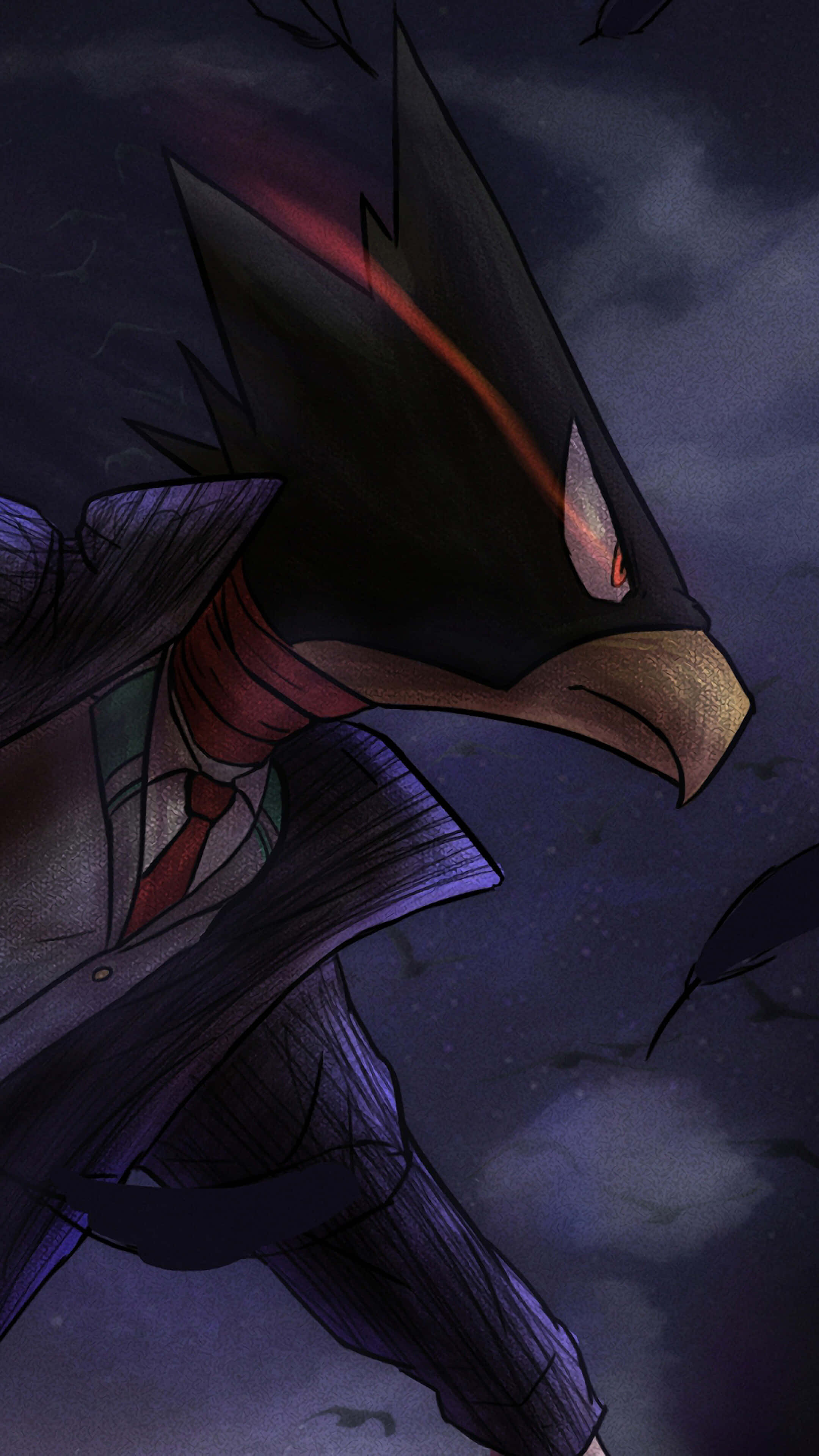Fumikage Tokoyami 桌布 壁紙 — 一個深色羽毛的鳥類動漫角色穿著西裝，兇狠地瞪著暴風雨的夜空。