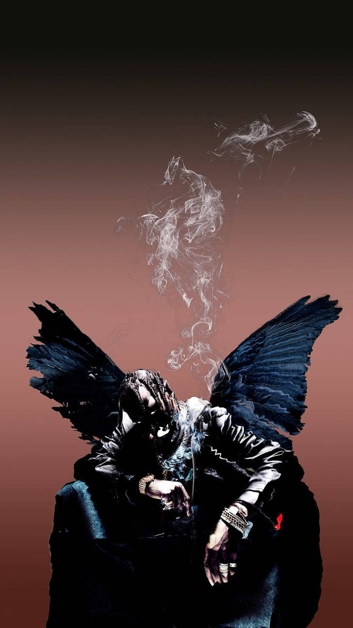 崔維斯·史考特 桌布 壁紙 — 一個深色翅膀的人物在漸變背景前抽煙，煙霧從香煙中旋轉升起。
