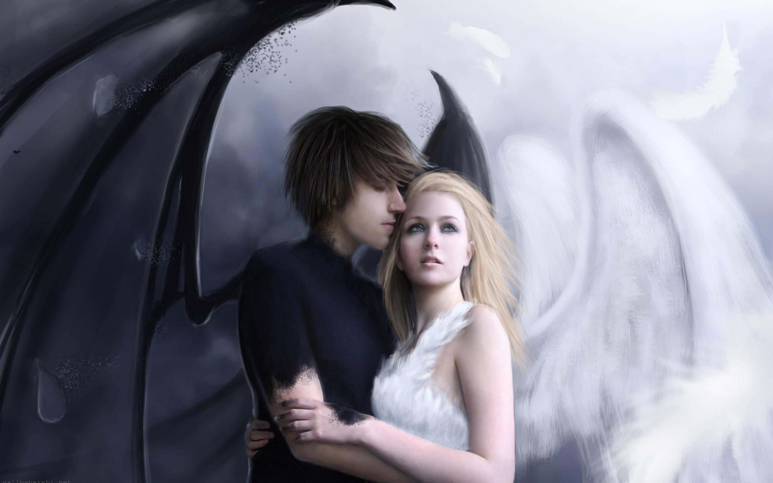 Dark Love 桌布 壁紙 — 一個深色翅膀的人物在霧濛濛的灰色背景下擁抱一個有白色翅膀的金髮天使。