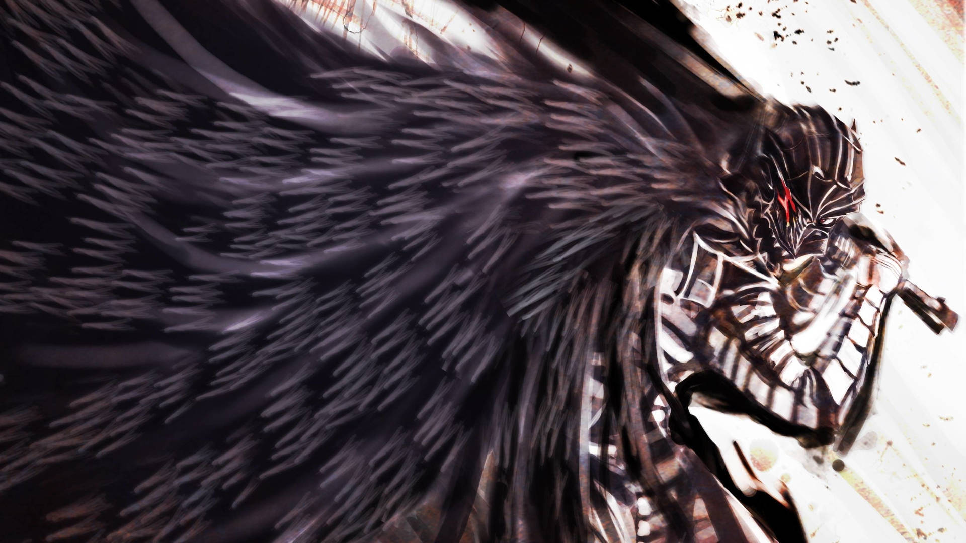Berserk Guts 桌布 壁紙 — 一個深色翅膀的動漫角色，擁有發光的紅色眼睛和精緻的盔甲，在純白背景下以戲劇性的動作站立。