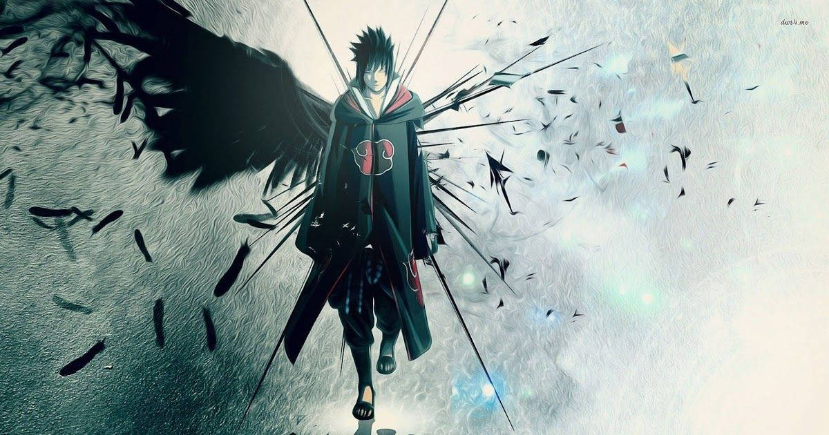 Dope Anime 桌布 壁紙 — 一個深色翅膀的動漫角色，身穿紅色雲朵斗篷，站在破碎的碎片和發光粒子之間，背景是紋理灰色。