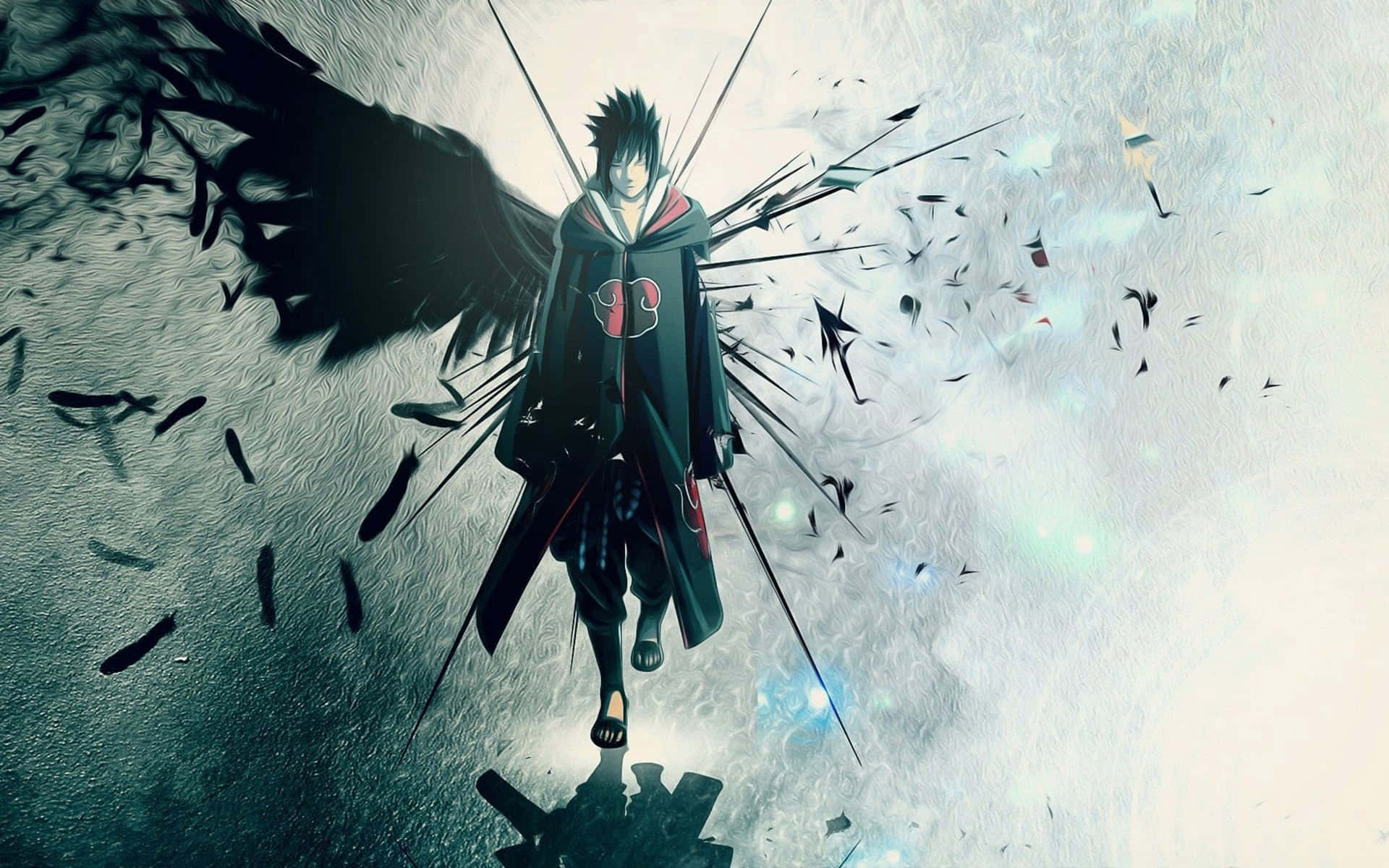 Naruto Itachi 桌布 壁紙 — 一個深色翅膀的動漫角色，身穿紅色雲朵斗篷，站在破碎的黑色碎片中，背景是暴風雨的灰色和藍色。