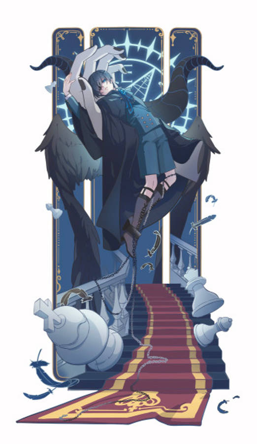 Black Butler 桌布 壁紙 — 一個深色翅膀的動漫角色穿著藍色長袍，站在紅色地毯樓梯頂端，兩側是倒下的棋子和漂浮的劍。