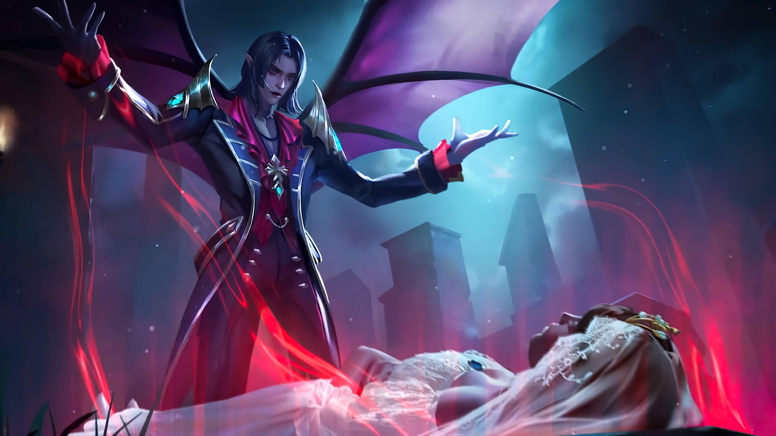 Mobile Legends 動態圖 桌布 壁紙 — 一個深色翅膀的吸血鬼穿著紅黑外套，站在一個倒下的新娘上方，場景散發著神秘的紅藍光芒。