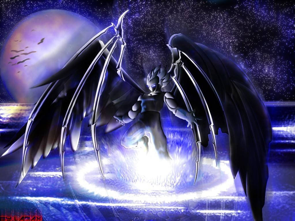 Dark Vegeta 桌布 壁紙 — 一個深色翅膀的天使般的身影，在繁星點點的夜空下，散發著藍色光芒的能量，背景有大月亮和飛鳥。