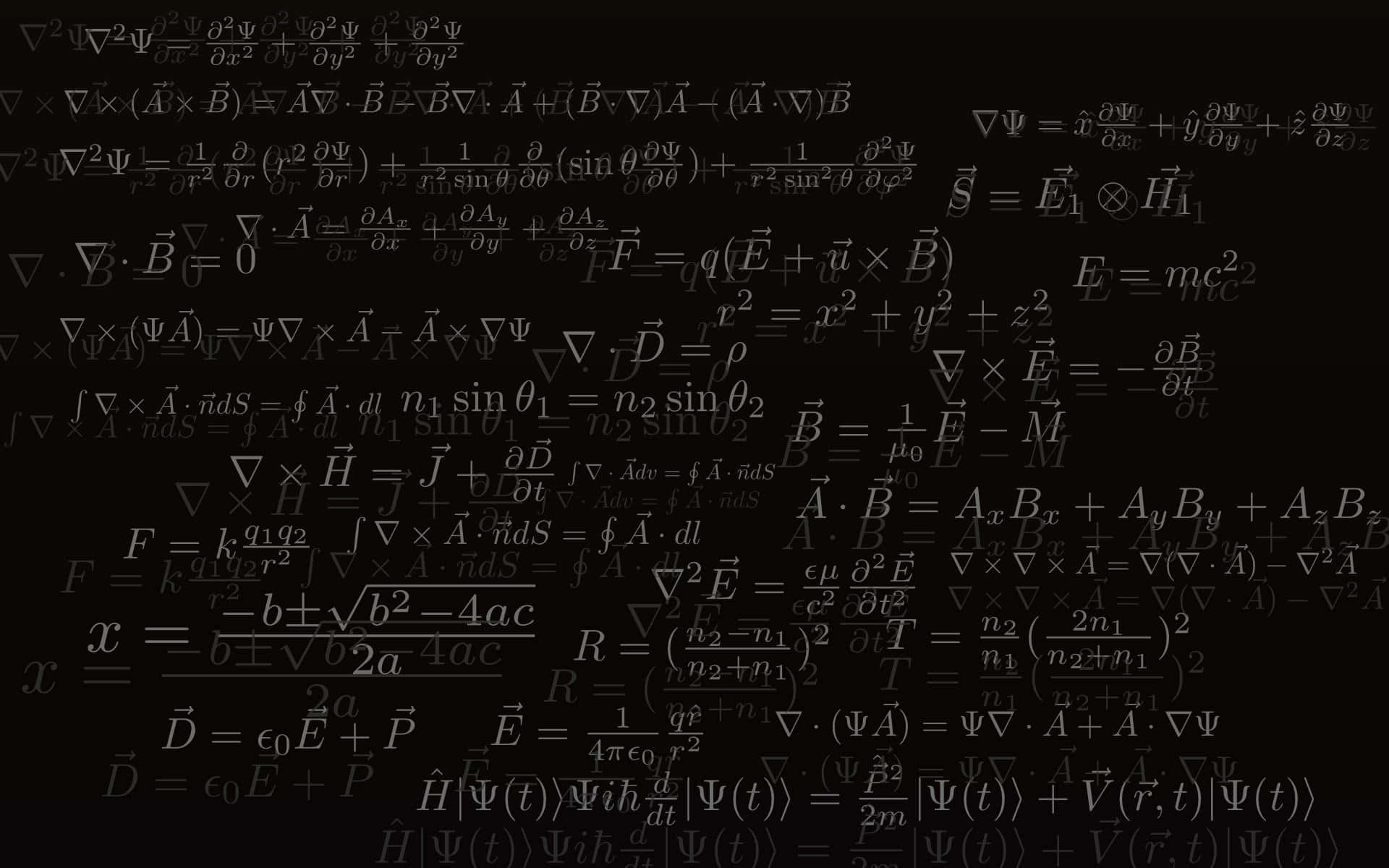 Physics 桌布 壁紙 — 一個深色背景，充滿了不同不透明度發光的數學和物理方程式。