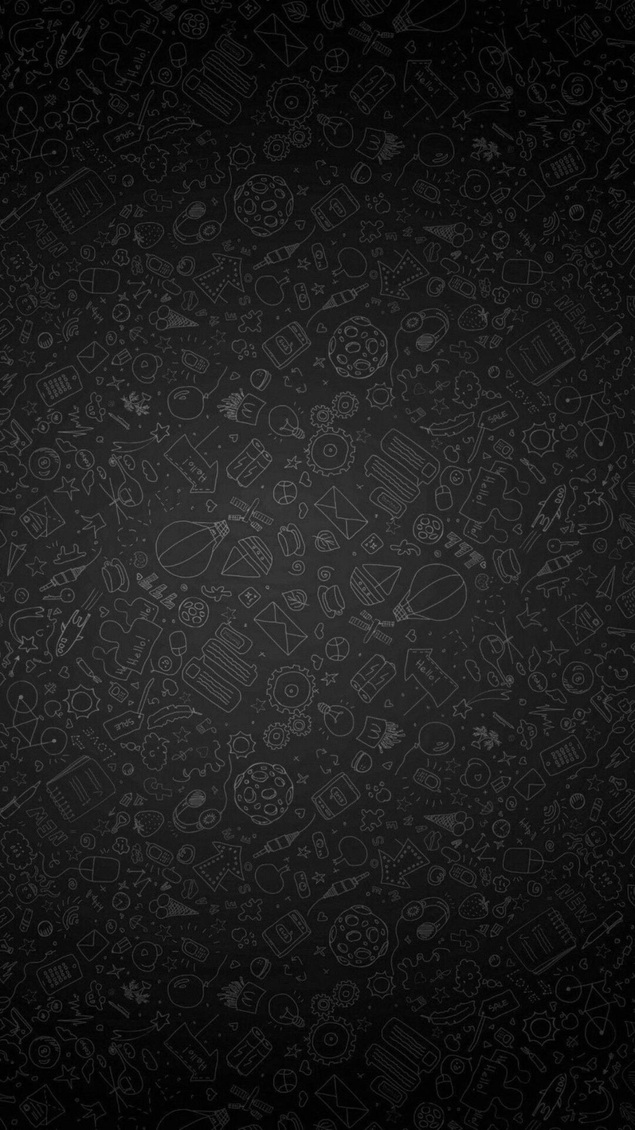 Black Aesthetic iPhone 桌布 壁紙 — 一個深色背景，表面佈滿各種日常物品和符號的微弱白色線條圖案。
