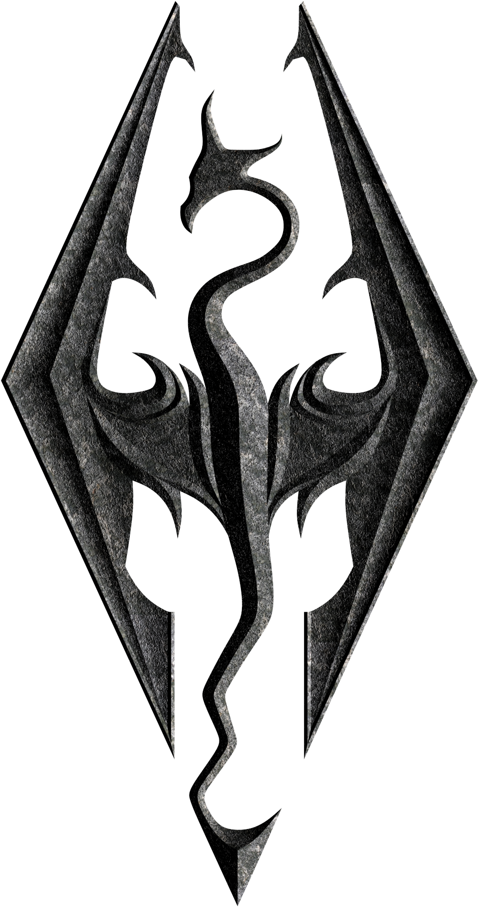Skyrim Logo 桌布 壁紙 — 一個深色金屬龍紋章，帶有複雜的翅膀和蛇形身體，置於黑色背景上。