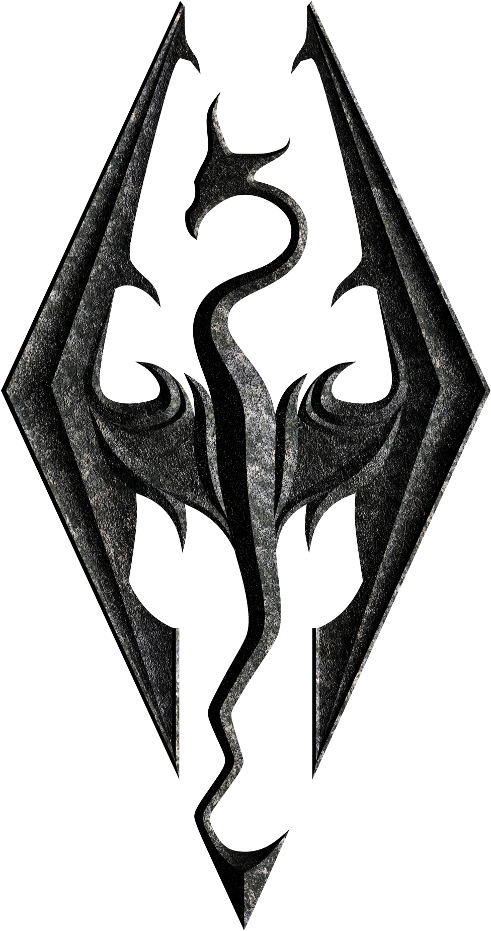 Skyrim Logo 桌布 壁紙 — 一個深色金屬龍紋章，帶有複雜的部落圖案，置於黑色背景上。