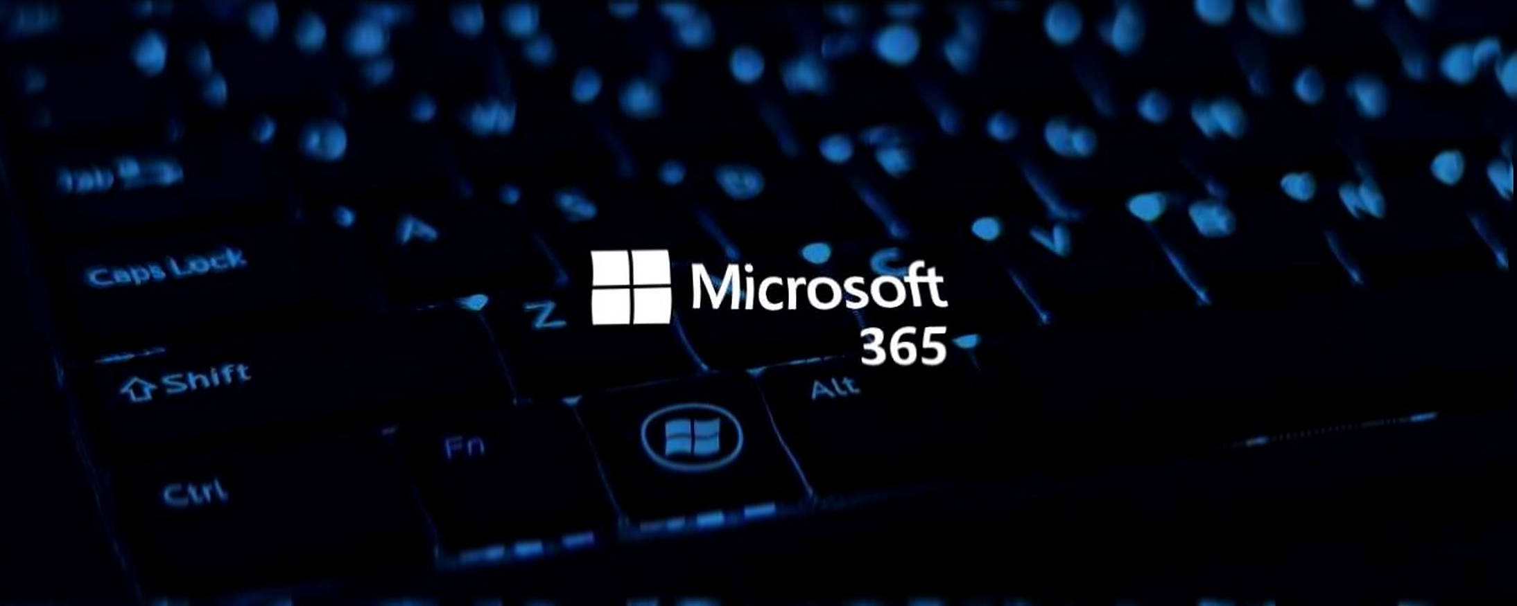 Office 365 桌布 壁紙 — 一個深色鍵盤的特寫，帶有發光的藍色背光，並突出顯示 Microsoft 365 標誌。