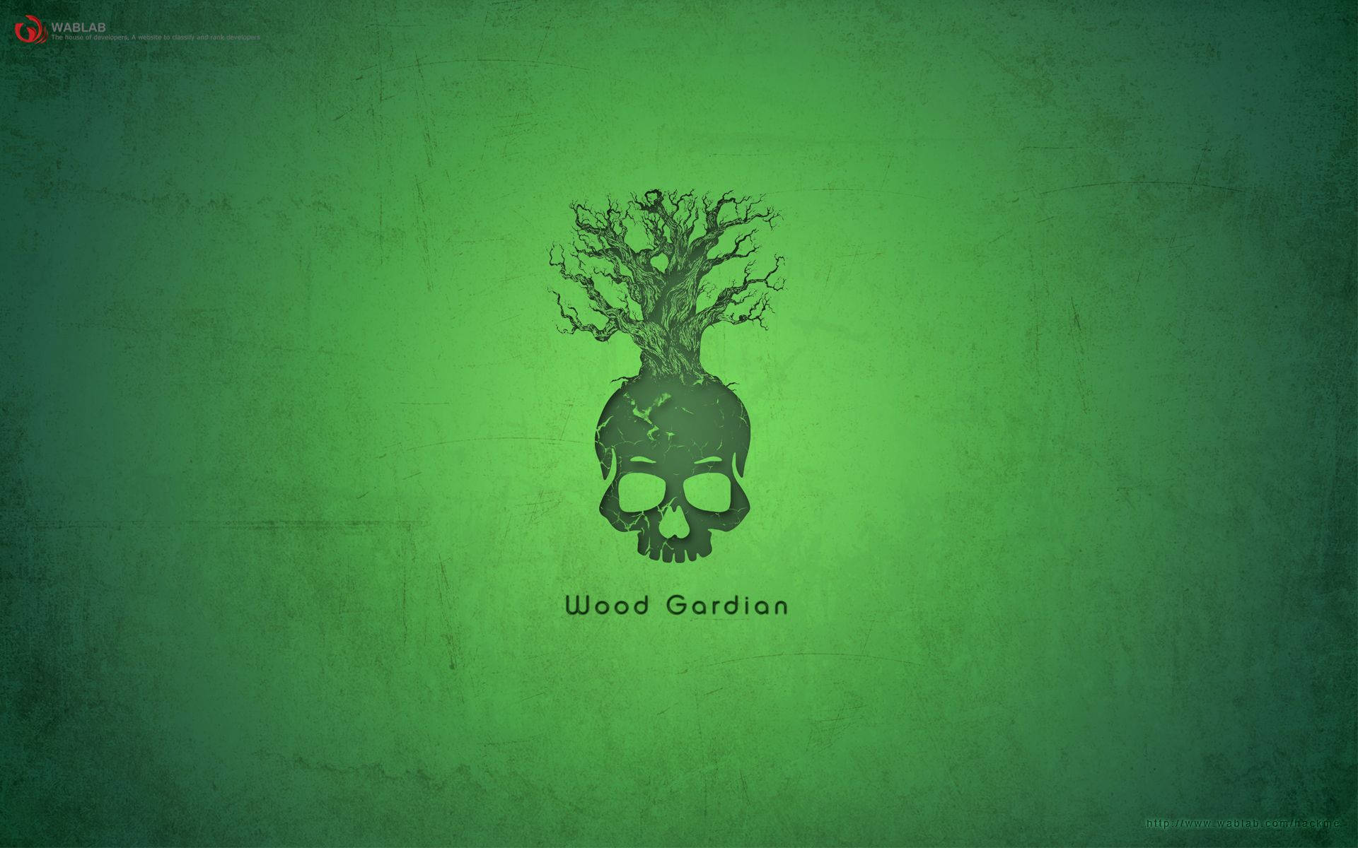 黑客 桌布 壁紙 — 一個深色頭骨，頂部長出一棵扭曲的樹，置於有紋理的綠色背景上。