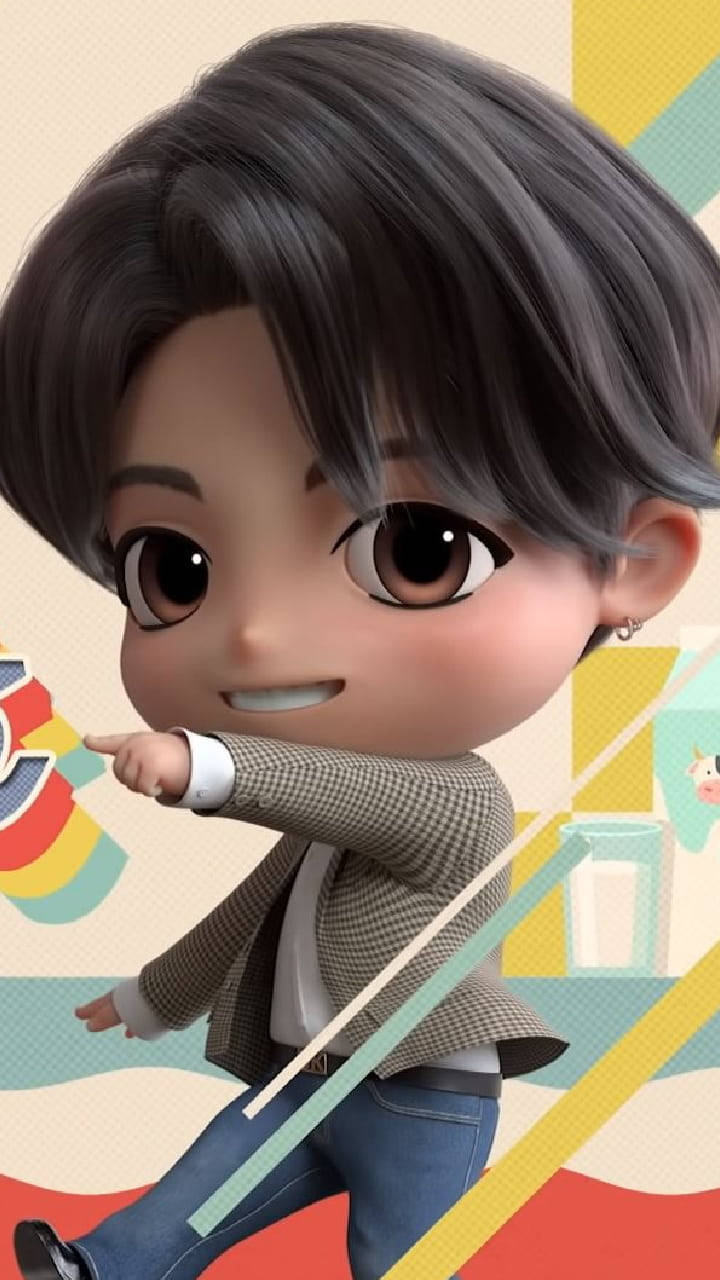 Tiny Tan Bts 桌布 壁紙 — 一個深色頭髮、大眼睛的Q版動畫男孩在色彩繽紛的幾何背景中向前指。