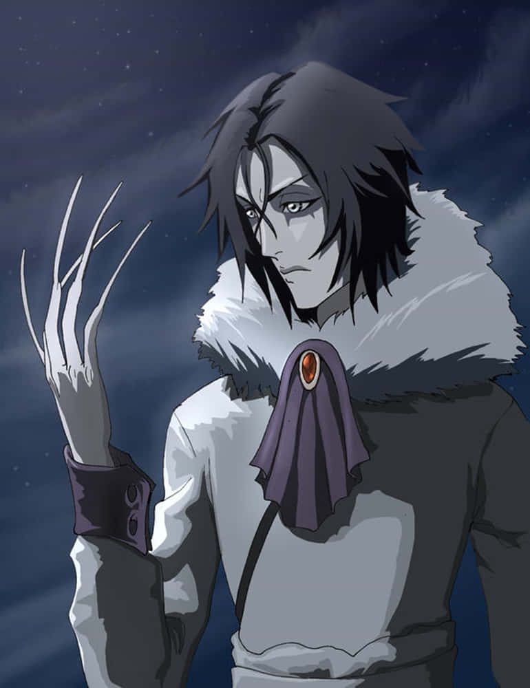 Bleach Muramasa 桌布 壁紙 — 一個深色頭髮、擁有爪手和毛皮襯裡外套的動漫角色，站在繁星點點的夜空下。