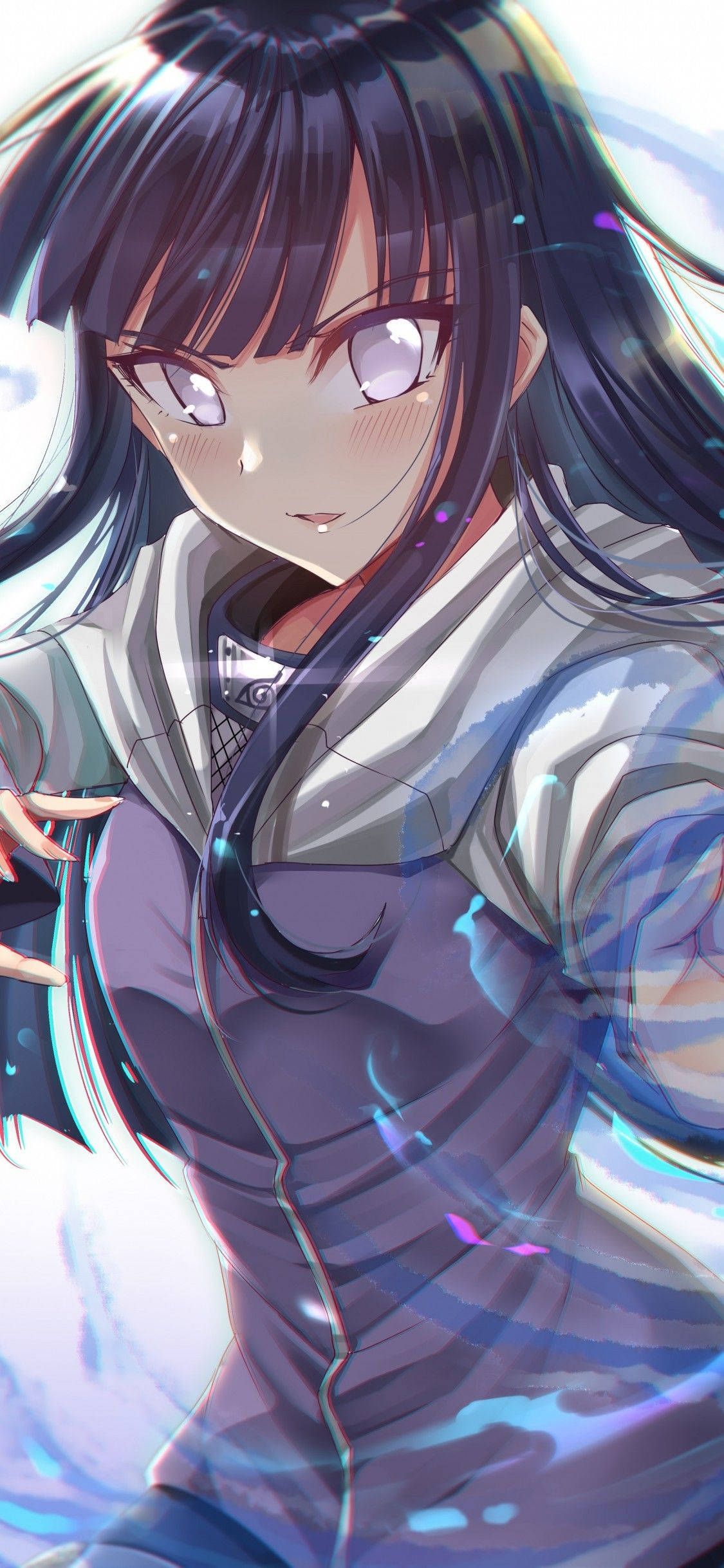 Hinata Hyuga 桌布 壁紙 — 一個深色頭髮、眼睛發光的動漫女孩特寫，在帶有浮動粒子的明亮抽象背景前溫柔微笑。