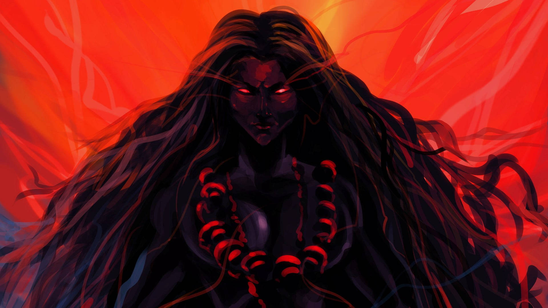 Goddess Kali 桌布 壁紙 — 一個深色頭髮、眼睛發出紅光、戴著紅色珠鏈的人物，站在火熱的橙色和紅色抽象背景前。