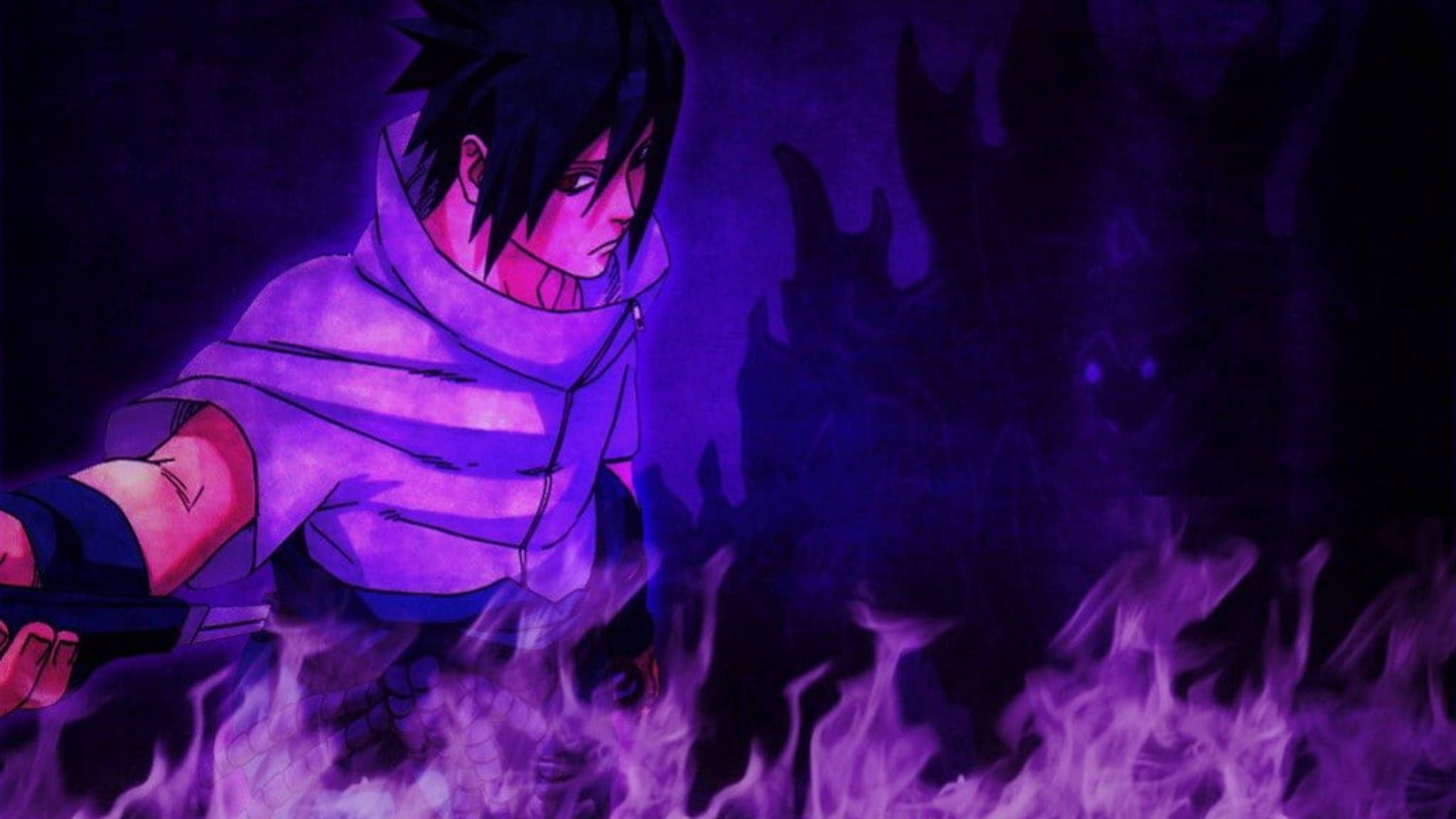 Sasuke Susanoo 桌布 壁紙 — 一個深色頭髮、眼神銳利的動漫角色，在陰暗背景中站立於旋轉的紫色火焰之中。