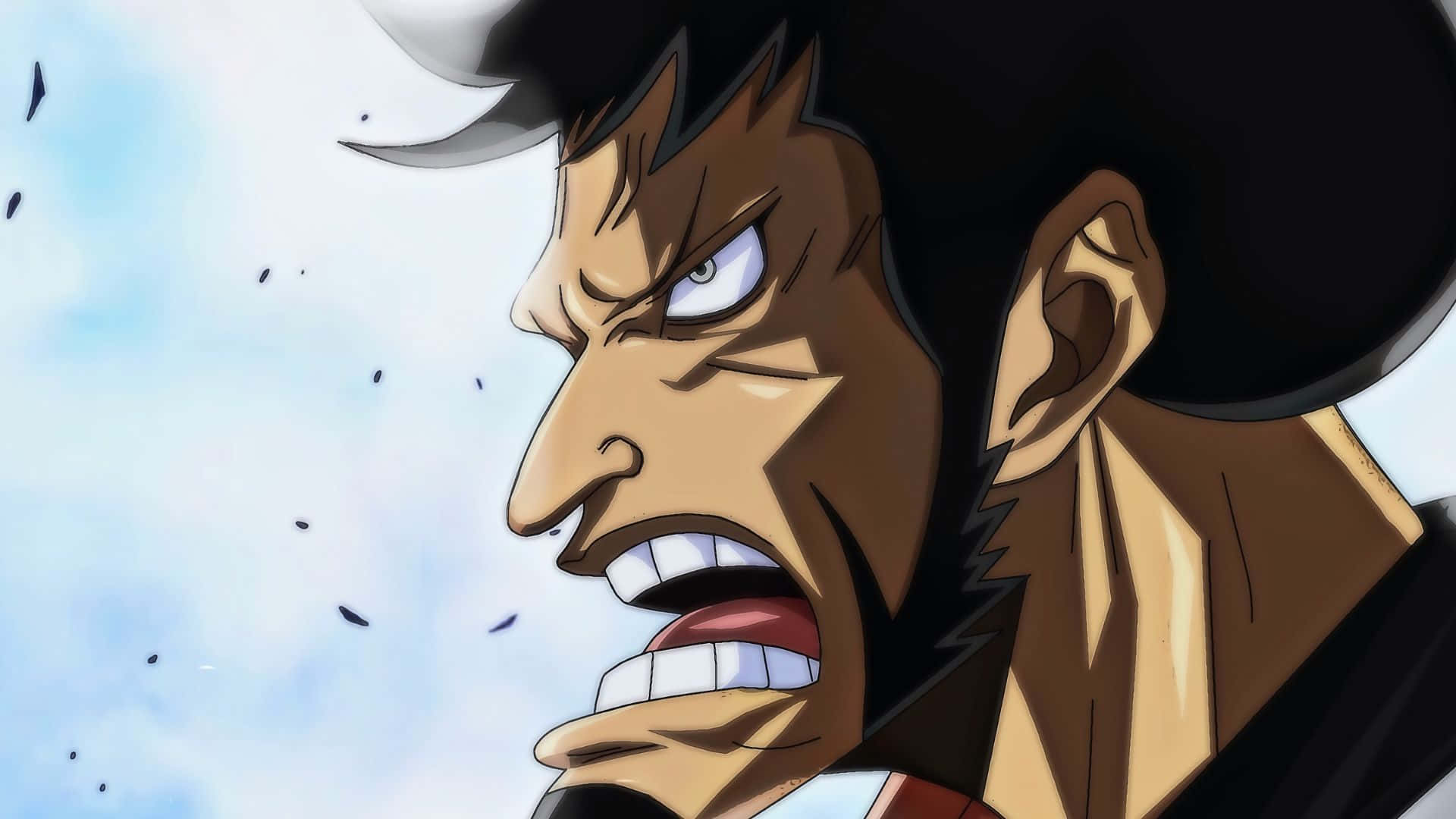 Kinemon 桌布 壁紙 — 一個深色頭髮、眼神銳利的動漫角色，在明亮的天空下，伴隨著飛揚的碎片，猛烈地咆哮。