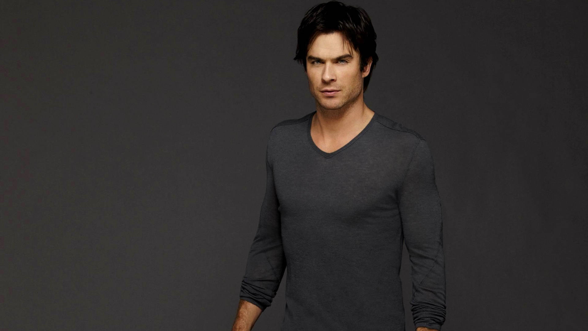 Damon Salvatore 桌布 壁紙 — 一個深色頭髮、眼神銳利的男人，穿著深灰色長袖襯衫，背景是純灰色的攝影棚。