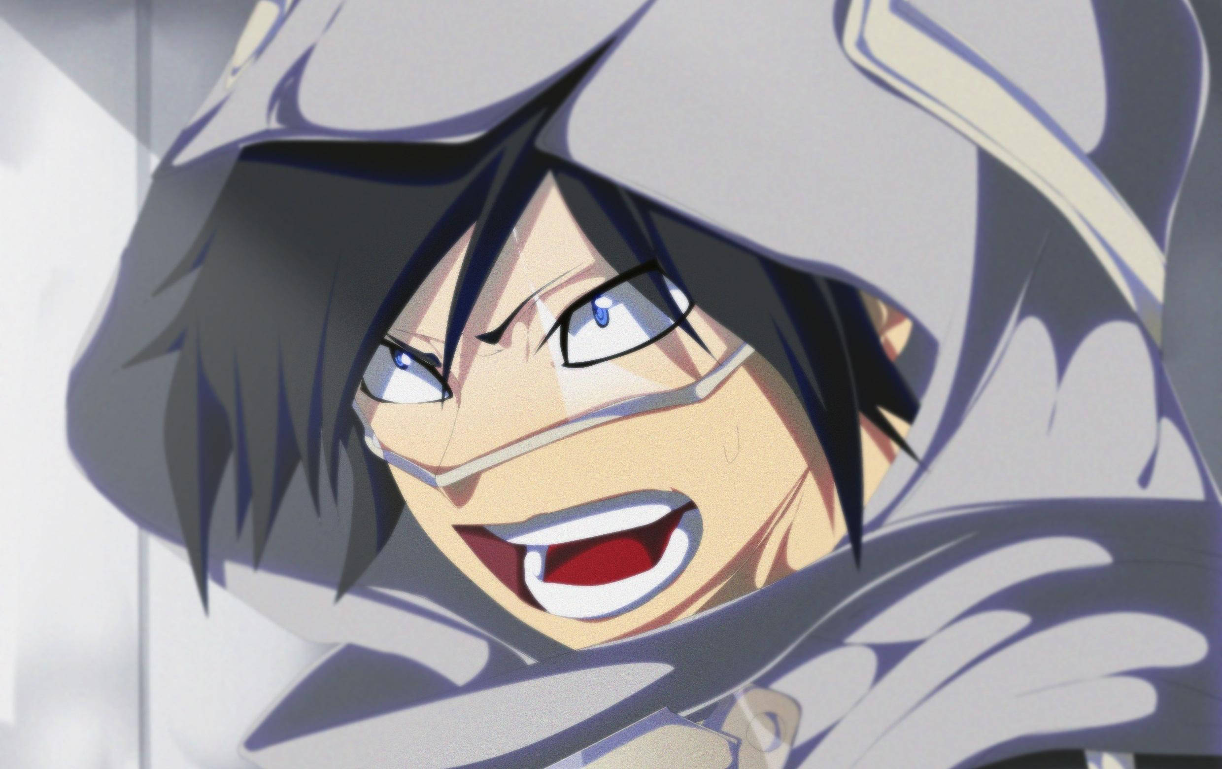 Tamaki Amajiki 桌布 壁紙 — 一個深色頭髮、穿著灰色連帽衫的動漫角色，露出尖牙和強烈的藍色眼睛，狂野地大笑。