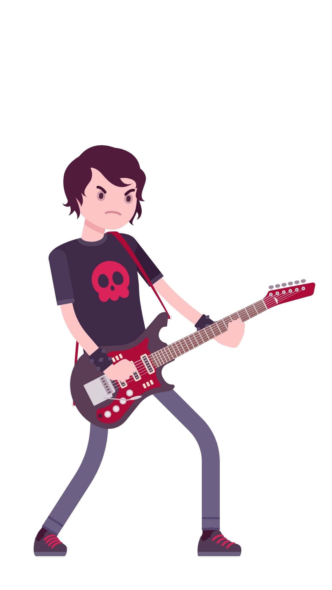 Cute Emo 桌布 壁紙 — 一個深色頭髮、穿著骷髏T恤的卡通搖滾樂手，帶著強烈的表情彈奏紅色電吉他。