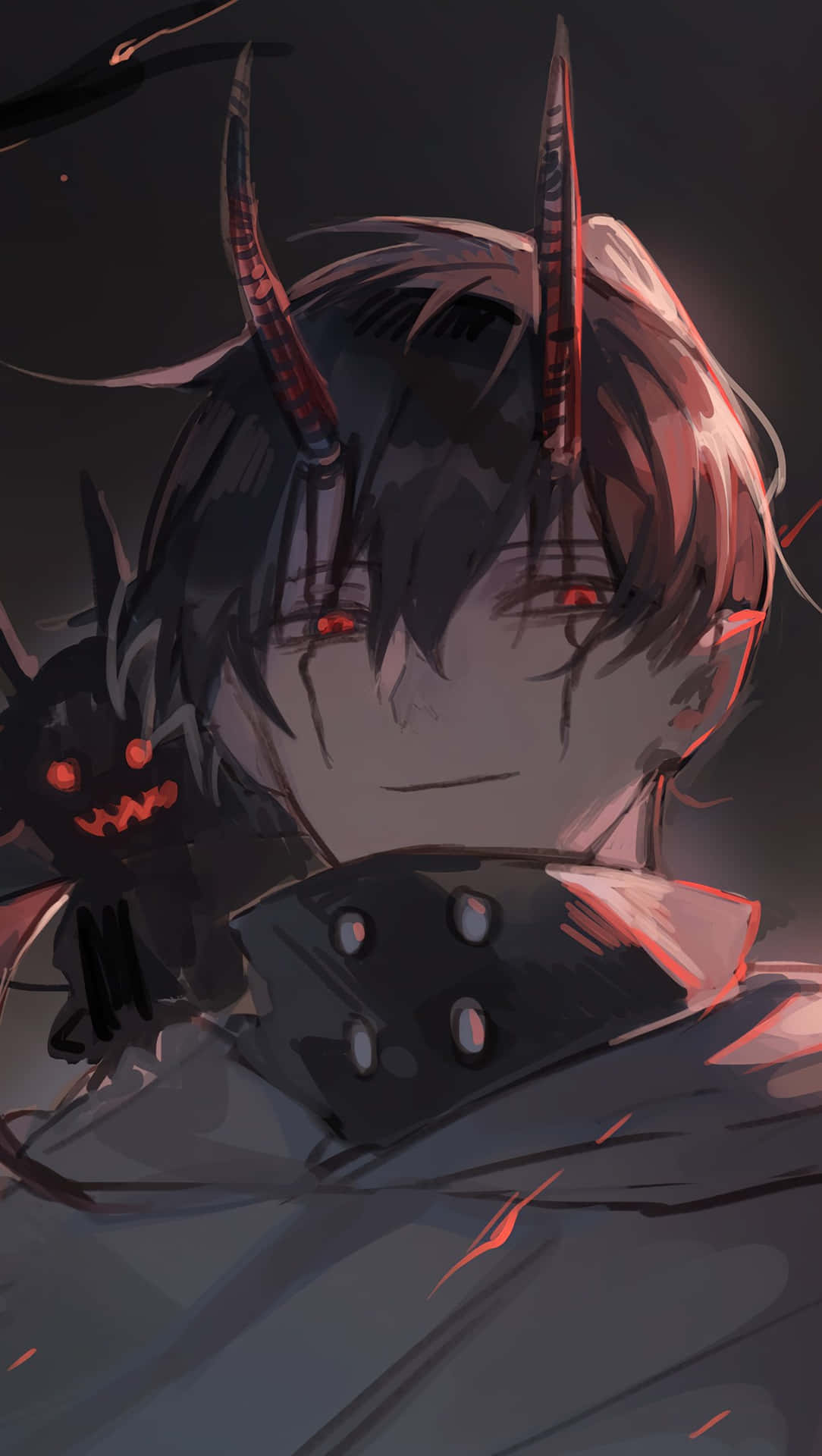 紅眼有角的動畫惡魔微笑，肩上有一隻小惡魔。 — 動漫男孩暗黑 壁紙
