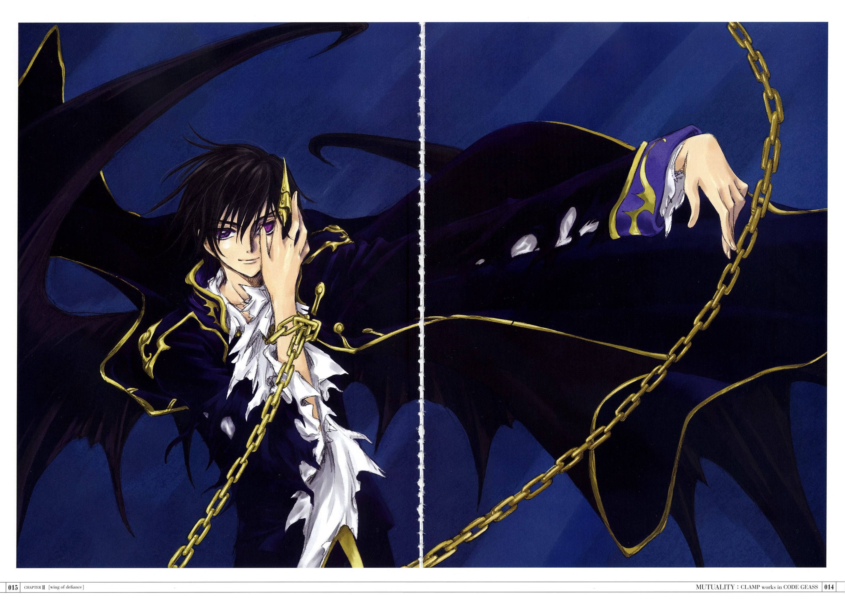 lelouch lamperouge 桌布 壁紙 — 一個深色頭髮、紫色眼睛、黑色翅膀的動漫角色，在深藍色背景上握著一條金色鏈條。