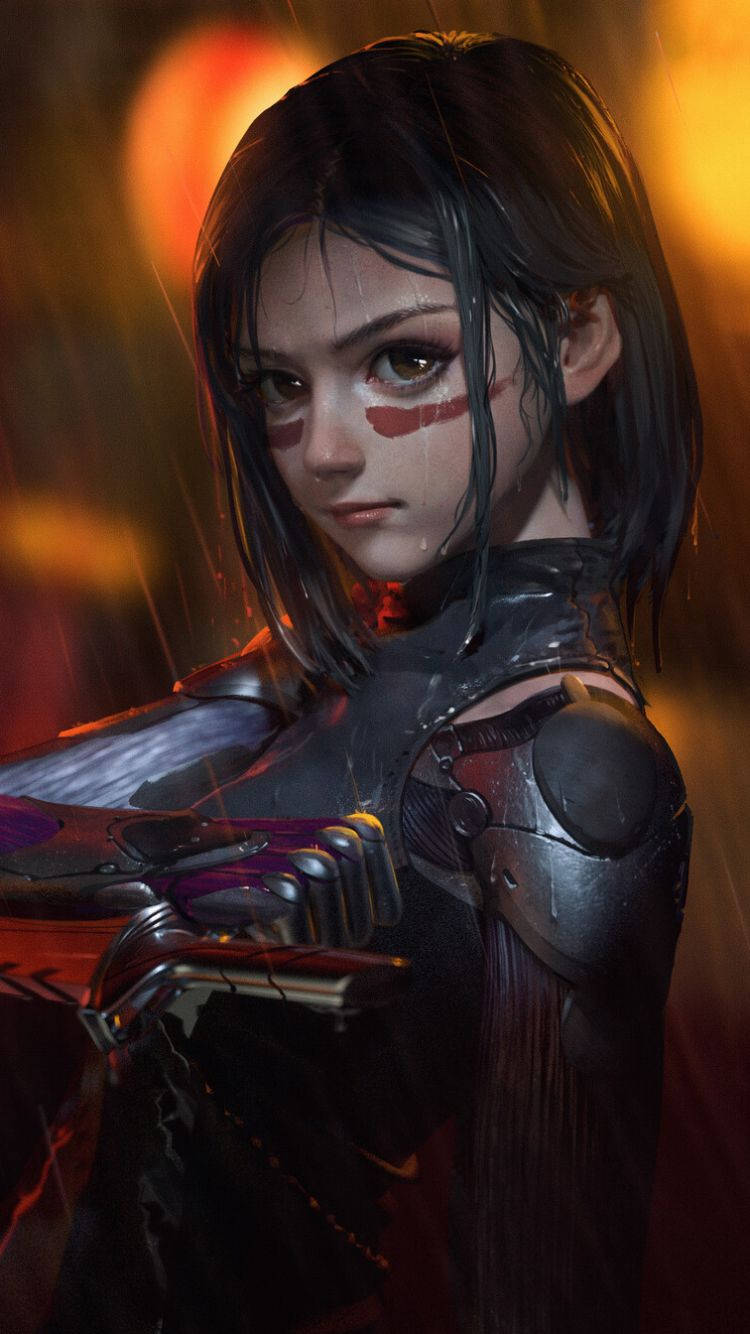 Alita 桌布 壁紙 — 一個深色頭髮、臉上帶有紅色標記的賽博龐克動漫女孩，站在雨中，身後有溫暖發光的燈光。