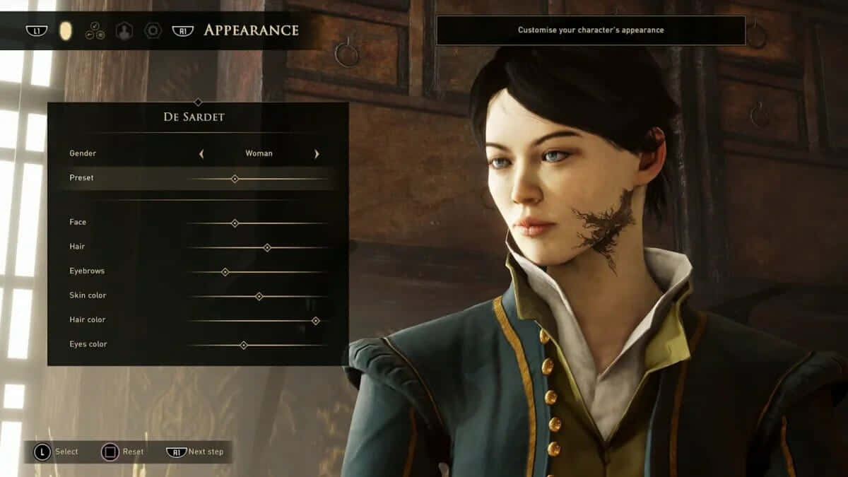 Greedfall 桌布 壁紙 — 一個深色頭髮、臉上有疤痕的女性角色在遊戲的角色創建選單中顯示，帶有自訂滑桿。