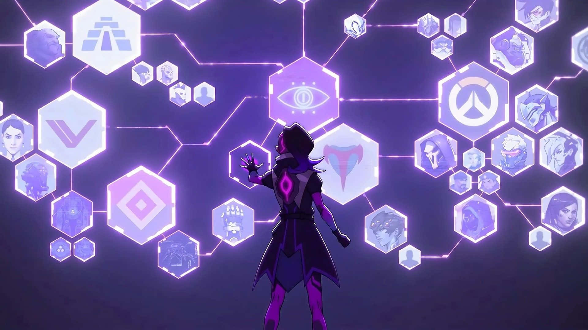 Aesthetic Overwatch 桌布 壁紙 — 一個深色頭髮、身穿紫色盔甲的動漫角色，正伸手觸碰發光的六邊形圖標，這些圖標在深紫色數位背景上顯示《鬥陣特攻》的標誌和肖像。