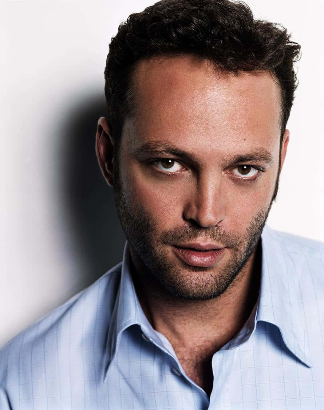 Vince Vaughn 桌布 壁紙 — 一個深色頭髮、鬍渣男人的特寫肖像，穿著淺藍色格紋襯衫，背景是純白色。