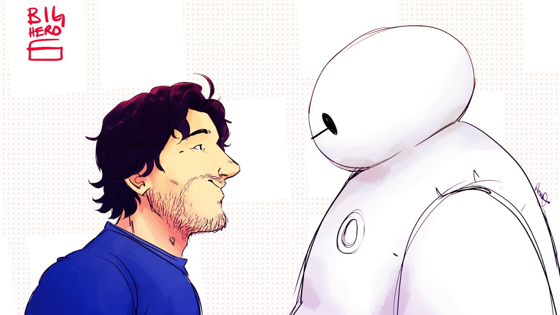 Markiplier 桌布 壁紙 — 一個深色頭髮和鬍鬚的男人在圓點背景前對《大英雄天團》中的大型白色Baymax機器人溫暖地微笑。