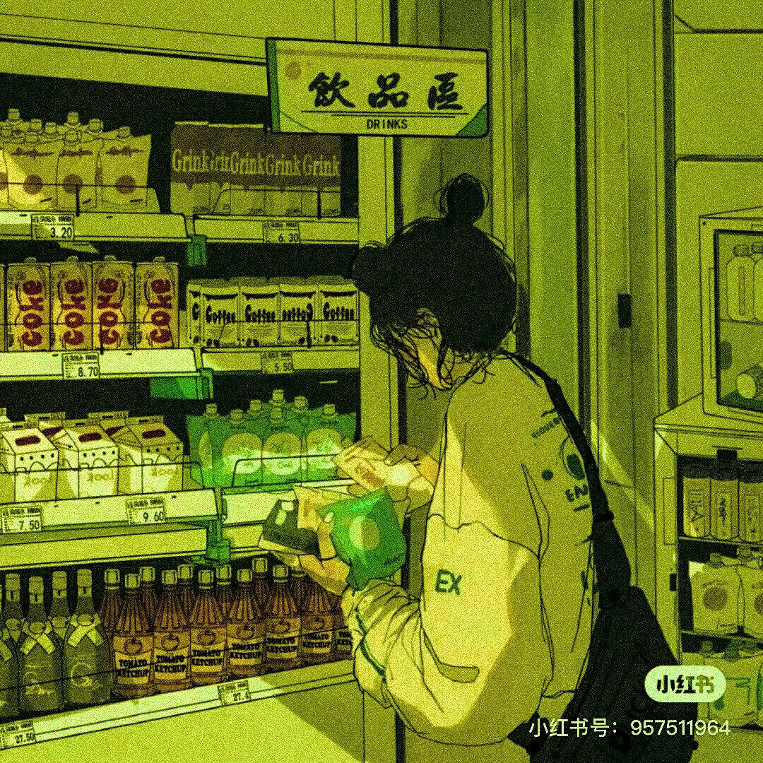 Green Anime Aesthetic 桌布 壁紙 — 一個深色頭髮束成髮髻的人正在瀏覽一間光線明亮、帶有綠色色調的便利商店飲品貨架。