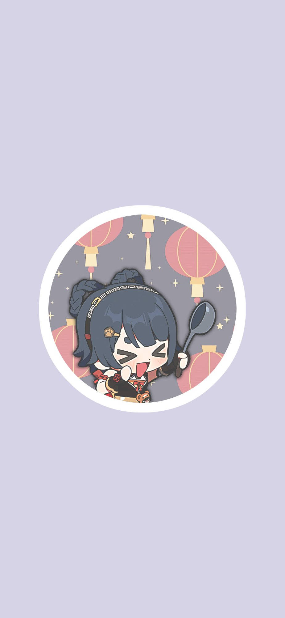 Xiangling 桌布 壁紙 — 一個深色頭髮的Q版動漫女孩在星空夜空下，在發光的紅色燈籠下用湯匙吃麵條。