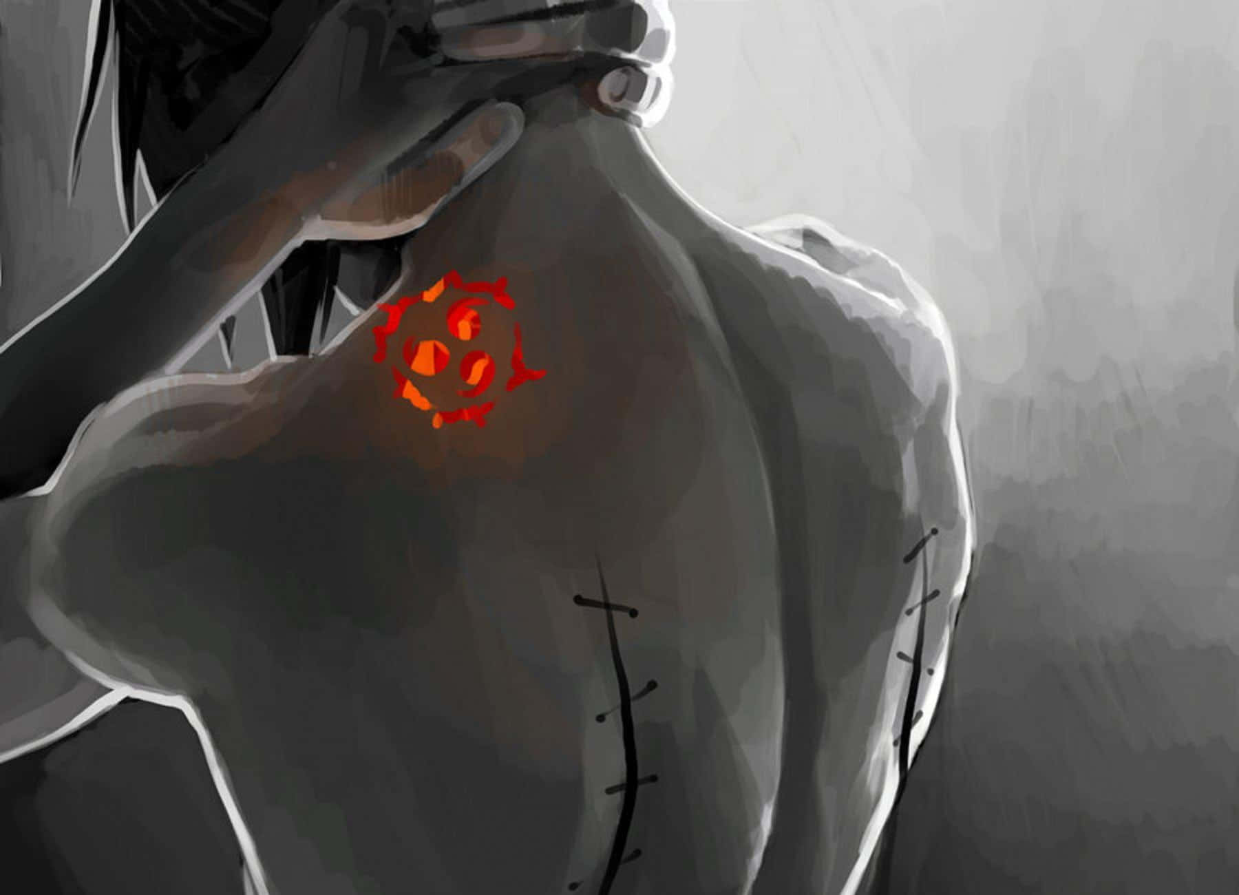 Sasuke Uchiha Cursed Mark 桌布 壁紙 — 一個深色頭髮的人，背上有一個發光的紅色符號，顯示傷疤，在昏暗的場景中抱著頭。