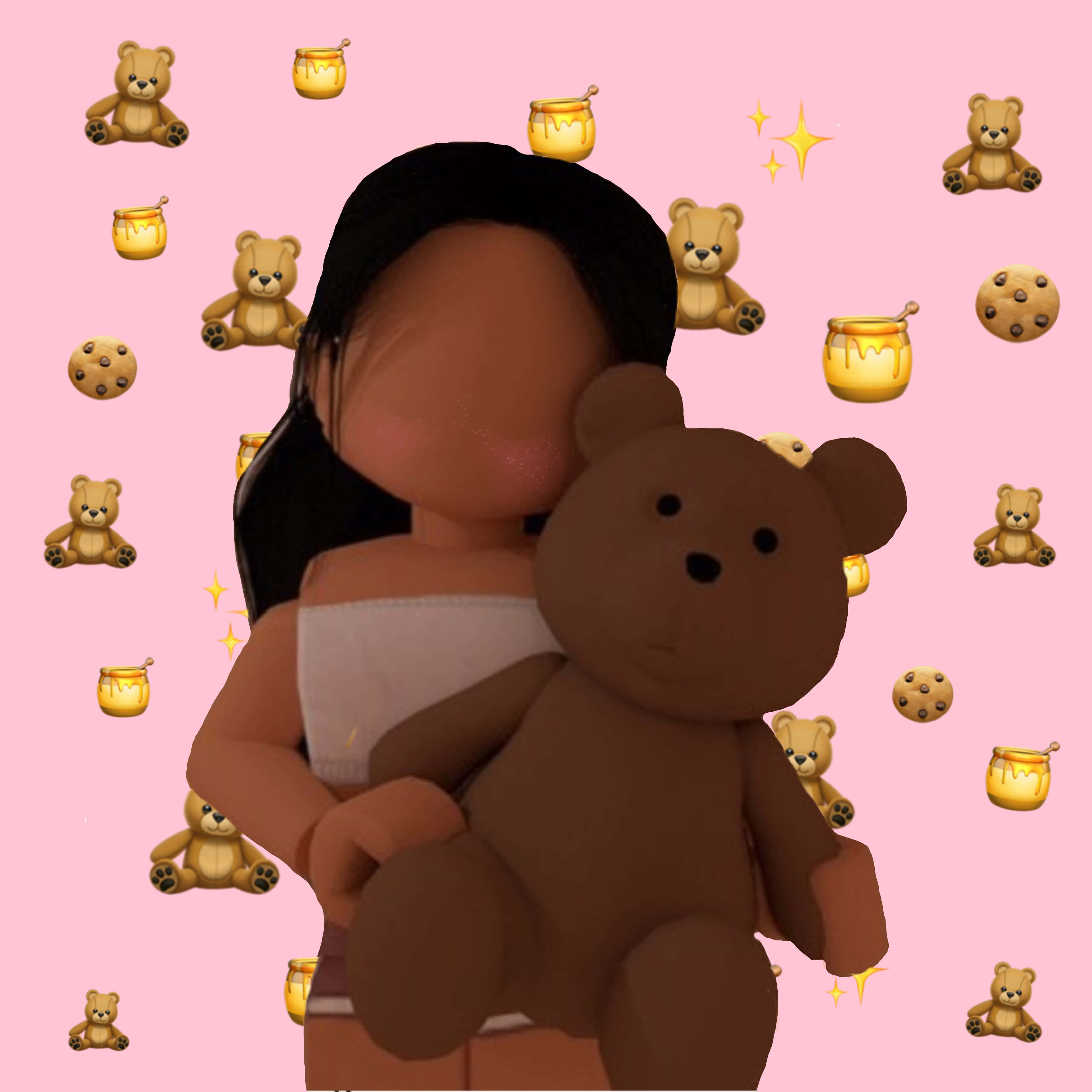 Roblox Character 桌布 壁紙 — 一個深色頭髮的人在充滿蜂蜜罐和餅乾的粉紅色背景前擁抱一隻棕色泰迪熊。