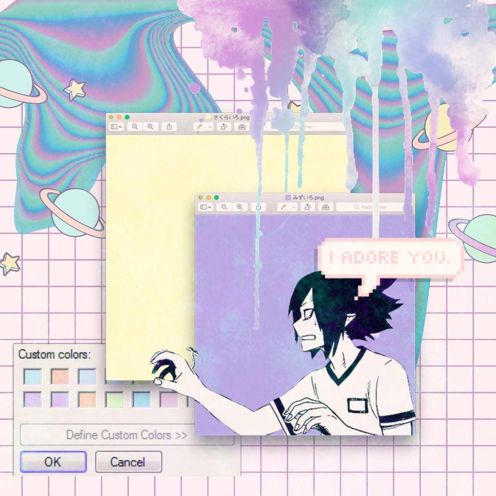 Tamaki Amajiki 桌布 壁紙 — 一個深色頭髮的像素藝術動漫角色，在帶有滴落宇宙色彩和漂浮行星的超現實網格背景前抱著一個小生物。