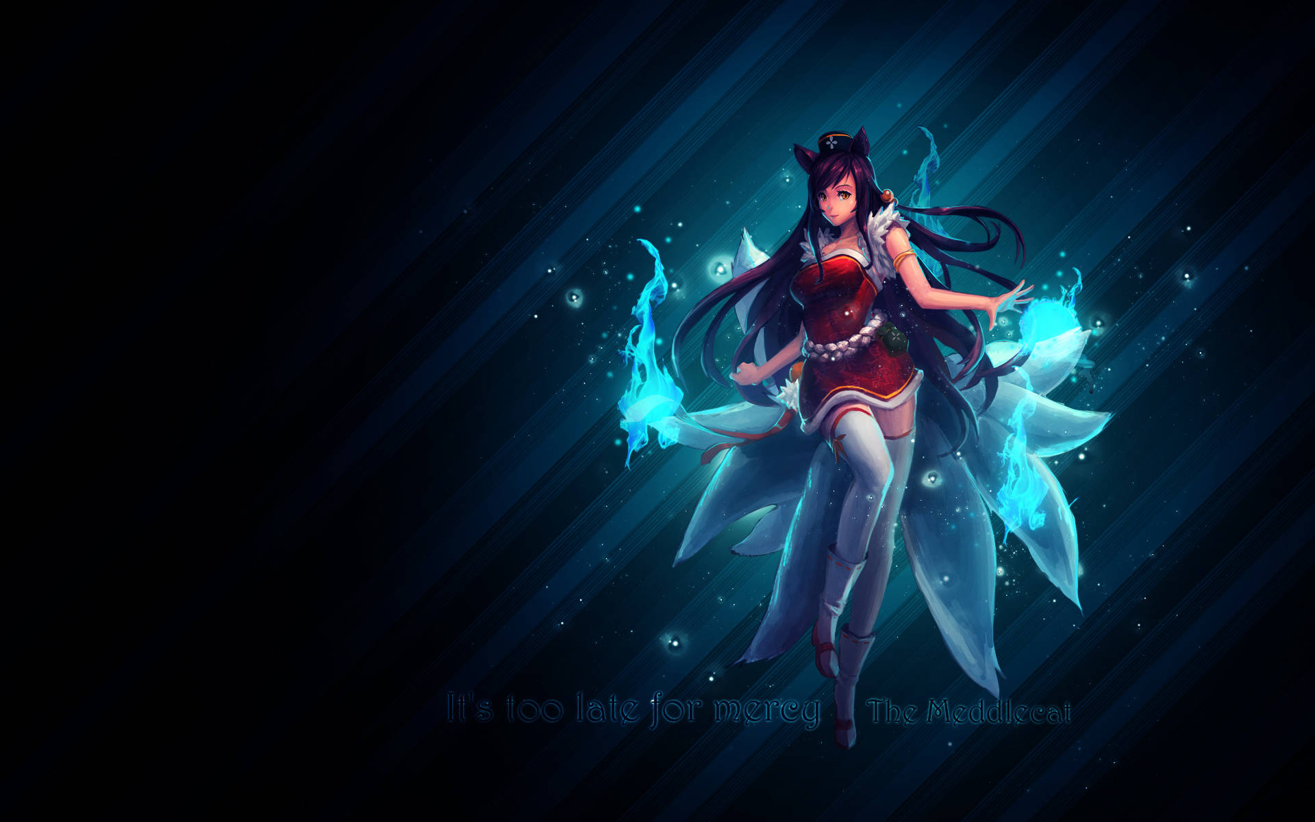 3d League Of Legends 桌布 壁紙 — 一個深色頭髮的動漫女孩，擁有狐狸耳朵和發光的藍色火焰，在繁星點點的夜空下漂浮，伴隨著耀眼的光芒。