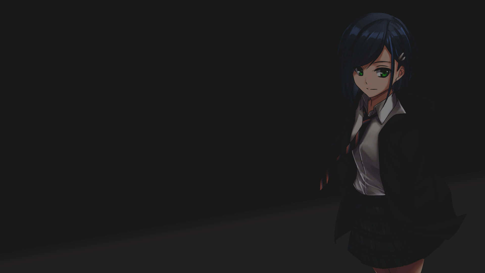 Dark Anime Girl 桌布 壁紙 — 一個深色頭髮的動漫女孩，擁有發光的綠色眼睛，站在陰影黑暗中穿著校服。