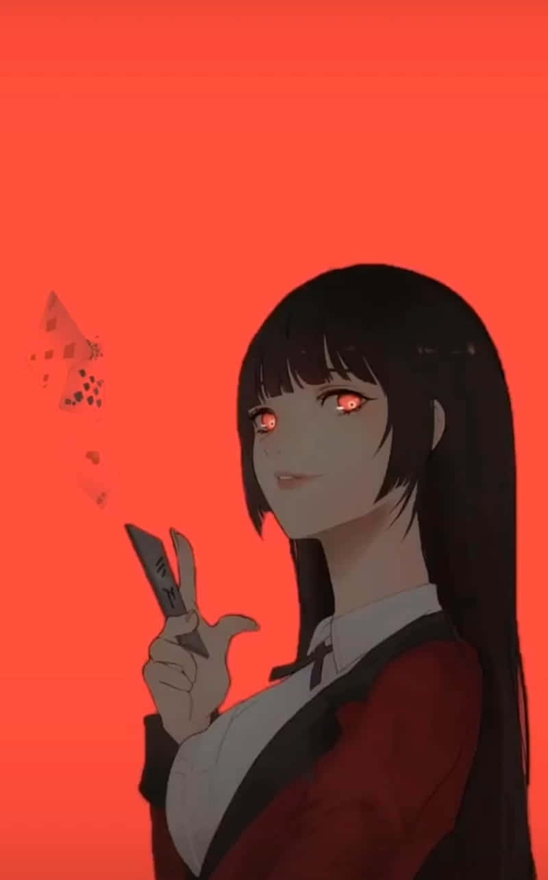 動漫 桌布 壁紙 — 一個深色頭髮的動漫女孩，閃爍著紅光的眼睛，在鮮紅色的背景前拿著一把刀。