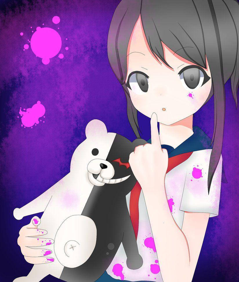 Yandere 桌布 壁紙 — 一個深色頭髮的動漫女孩穿著校服，在紫色背景前抱著一隻帶有粉紅色斑點的黑白熊玩偶。